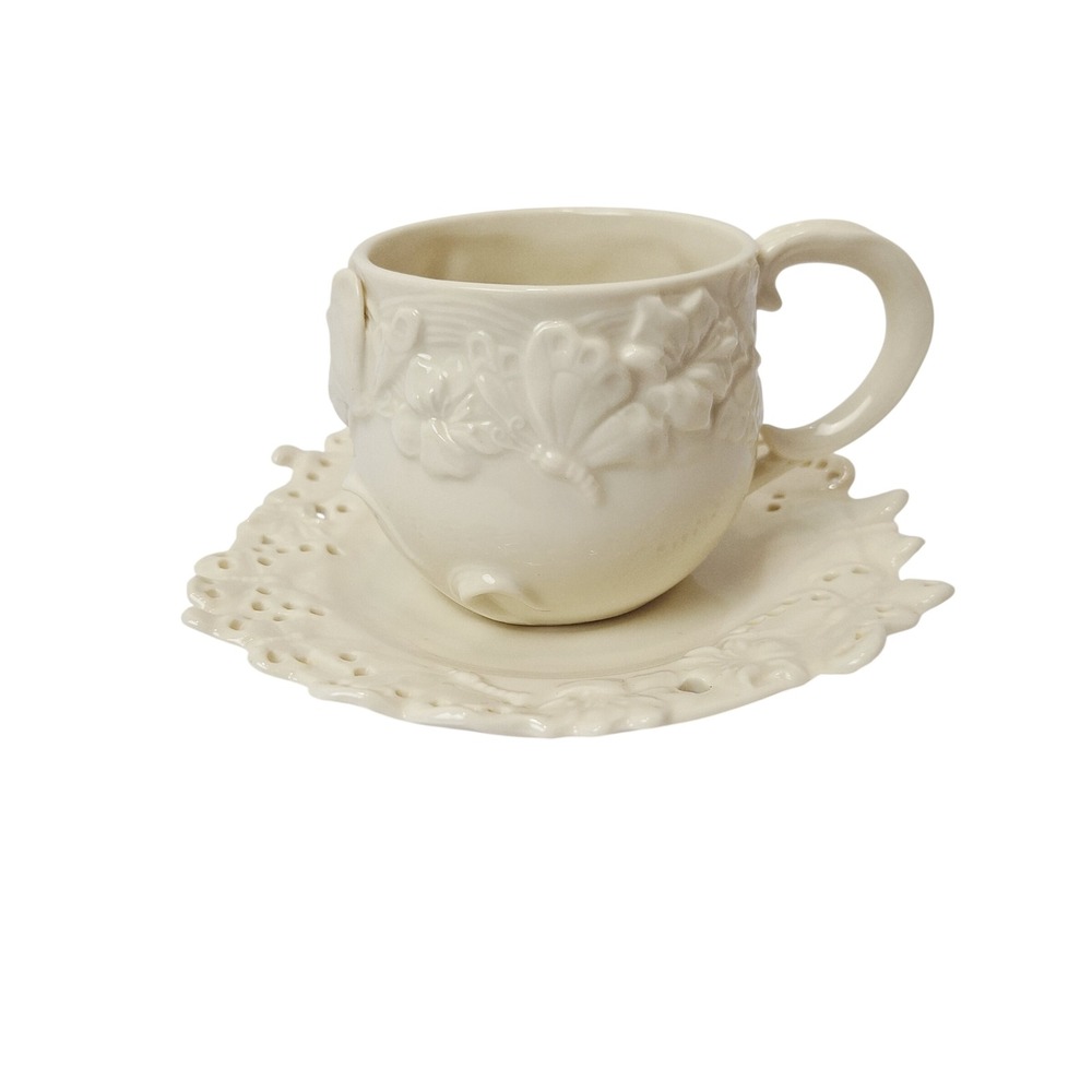 ND Exclusive Cream Butterfly Embossed Tea Cup and Pierced Saucer Set Ceramic